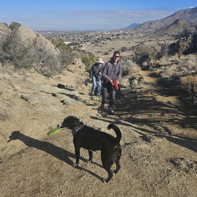Hiking trail with people and dog in mountains.