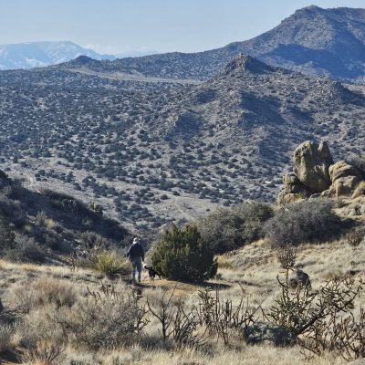 Hikers on desert mountain trail with distant peaks.