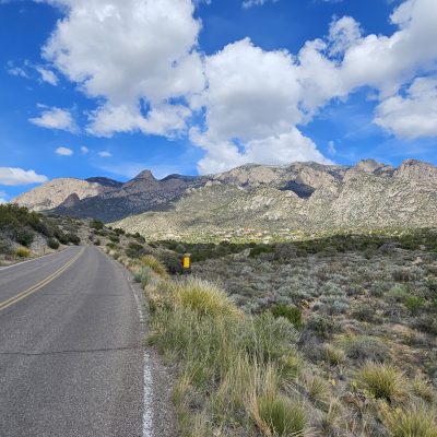 Road through desert landscape with distant mountains.