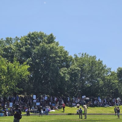Large outdoor gathering with people holding signs.