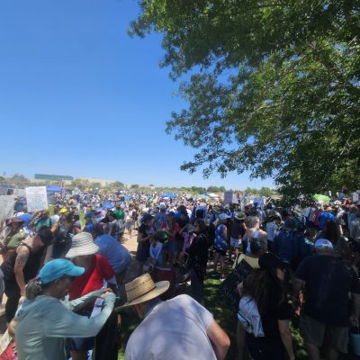 Large crowd at outdoor rally under clear sky.