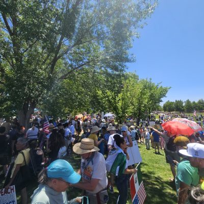 Large crowd gathers for outdoor protest under trees.