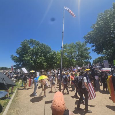 Diverse crowd at outdoor protest holding signs and flags.