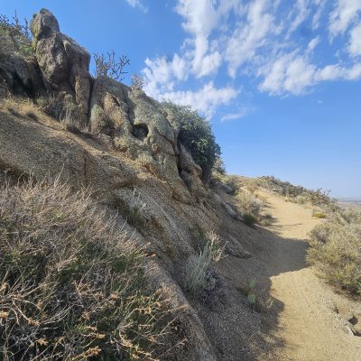 Desert hillside trail under blue sky with clouds.