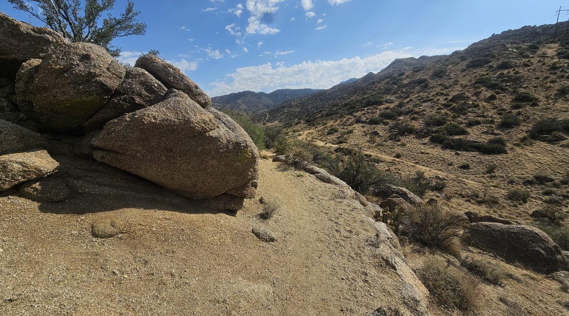 Desert landscape with rocks and distant mountains.